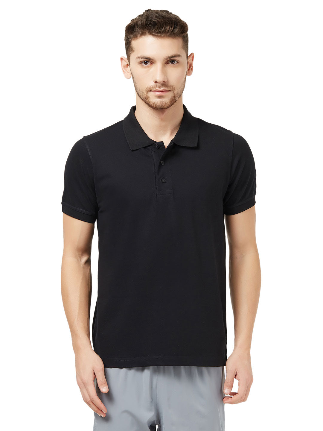 Men Black Solid Polo Neck T-shirt